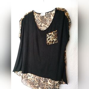 Hot Ginger Sheer Animal Print Top Shirt Brown Black Flowy Size Large Chest 42"